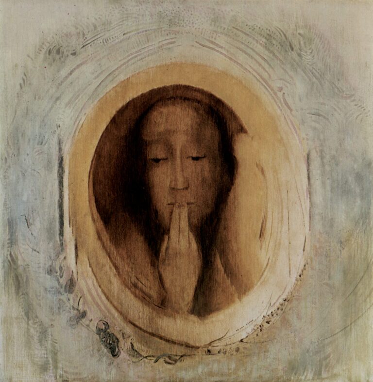 A painting by Odilon Redon which depicts a pale woman with brown hair, gazing downwards with two fingers over her lips. Her expression looks concerned or distressed. She is framed by an oval of white/cream paint.
