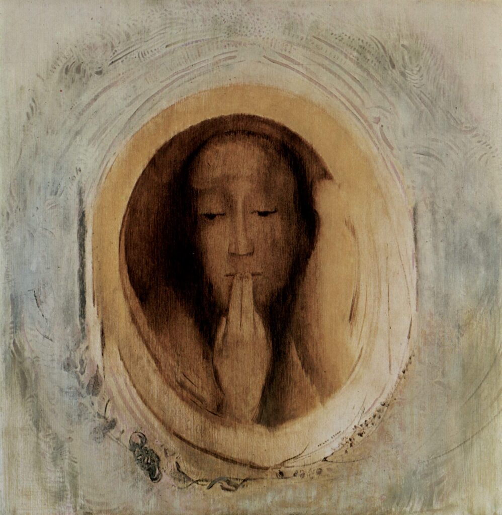 A painting by Odilon Redon which depicts a pale woman with brown hair, gazing downwards with two fingers over her lips. Her expression looks concerned or distressed. She is framed by an oval of white/cream paint. 