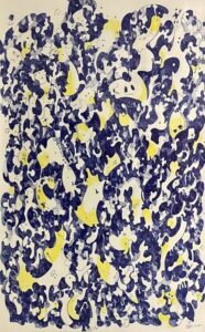 Artwork by Denys Gerashchenko. Abstract shapes appear in deep blue and bright yellow against a white/cream backdrop.