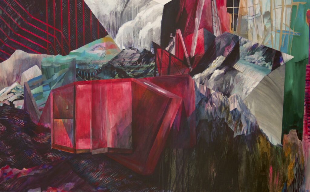 Painting by Megan D. Krause. The painting is made up of geometric and organic three-dimentional forms in whites, grays, blacks, reds and blues. The painting resembles a landscape or ecosystem.