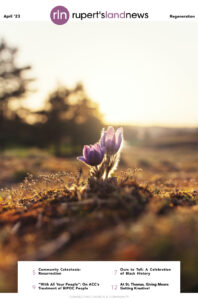 Cover of RLN's April issue on the theme of "Regeneration." Two purple flower buds are shown from a low angle emerging from brown earth, with the sun rising in the background.