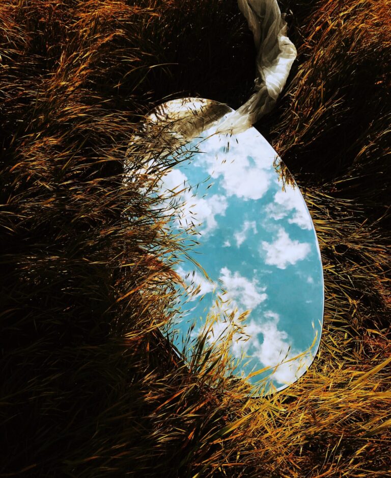 A photo which shows a mirror lying amidst tall grasses. Reflected in the mirror is a blue sky with clouds in it floating above.